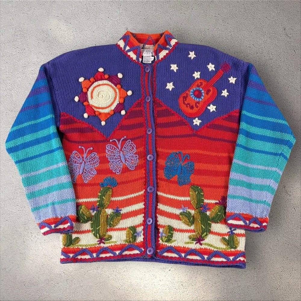 Vtg Rebecca Stone Western Knit Cardigan‎ Sweater Cactus Guitar Butterfly Sz M